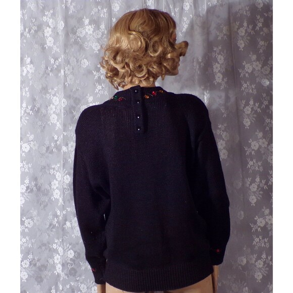 Vintage 80s Fancy Sweater 1980s Black & Silk Long Sleeve New Wave Size Large - Picture 3 of 8